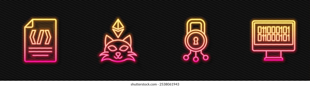 Set line Cyber security, Binary code, NFT Digital crypto art and . Glowing neon icon. Vector