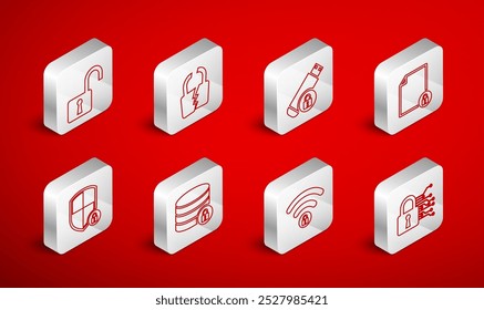 Definir linha Segurança cibernética, bloqueio quebrado ou rachado, unidade flash USB com, Documento e, Wifi bloqueado, cadeado aberto, Servidor e ícone de escudo. Vetor