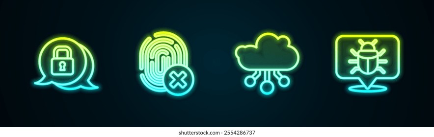 Set line Cyber security, Cancelled fingerprint, Internet of things and System bug. Glowing neon icon. Vector