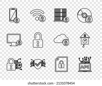 Set Line Cyber Security, Computer Api Interface, Server With Lock, Smartphone, Open Padlock, Document And And Retro Wall Watch Icon. Vector