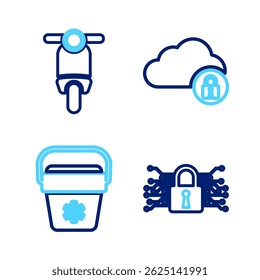 Set line Cyber security, Cooler bag, Cloud computing lock and Scooter icon. Vector