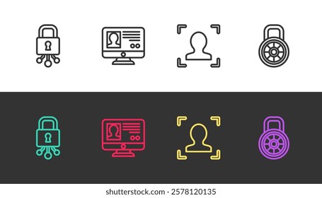 Set line Cyber security, Create account screen, Face recognition and Safe combination lock on black and white. Vector