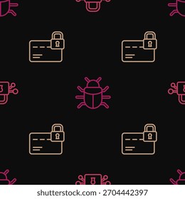 Set line Cyber security, Credit card with lock and System bug on seamless pattern. Vector