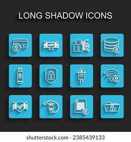Fijar línea Ciberseguridad, ciclomotor eléctrico, tarjeta de crédito con bloqueo, documento y, carpeta, escudo, WiFi bloqueado y retro icono de reloj de pared. Vector