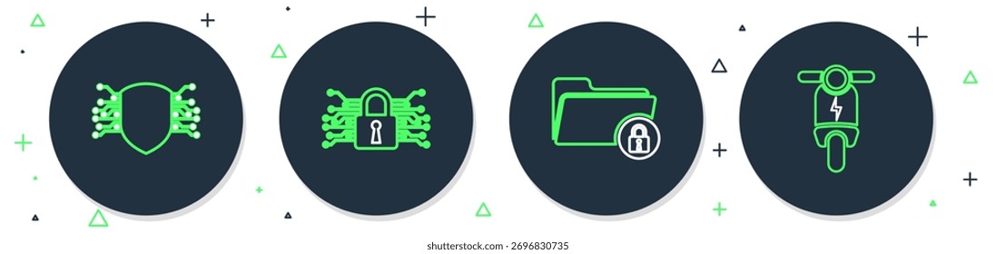 Definir linha Segurança cibernética, Pasta e cadeado, e ícone de scooter elétrico. Vetor