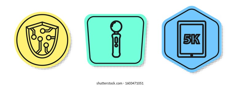Set line Cyber security, Gamepad and Tablet with text 5k. Colored shapes. Vector