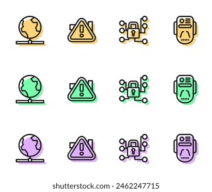 Set line Cyber security, Global technology, Exclamation mark in triangle and Artificial intelligence robot icon. Vector