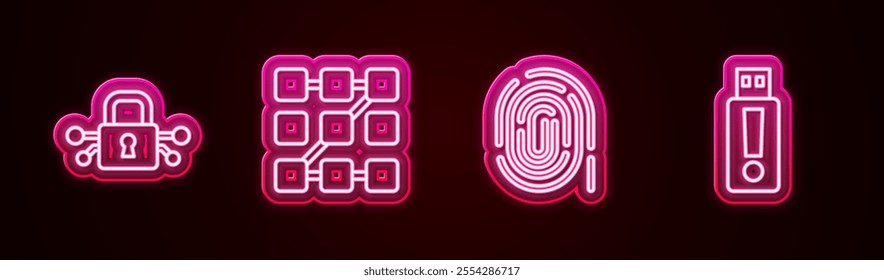 Set line Cyber security, Graphic password protection, Fingerprint and USB flash drive. Glowing neon icon. Vector