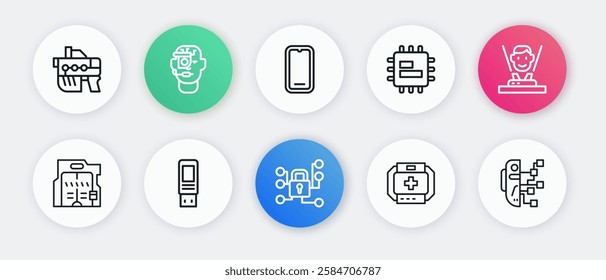 Set line Cyber security, Hologram, Futuristic sliding doors, First aid kit, Processor CPU, Mobile phone, Humanoid robot and USB flash drive icon. Vector