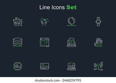 Set line Cyber security, Internet piracy, Credit card, Processor CPU, Mechanical robot hand, Radioactive warning lamp, Browser window and Cloud database icon. Vector