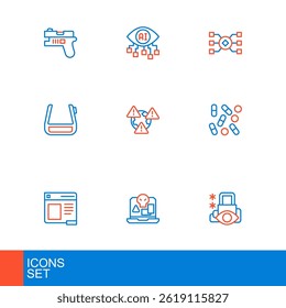 Set line Cyber security, Internet piracy, Browser window, Medical pill biohacking, Smart glasses on spectacles, Earth with exclamation mark, Neural network and Computer vision icon. Vector