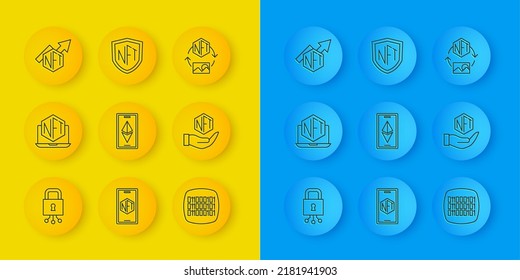Set line Cyber security, Laptop with art store app, Ethereum ETH, Binary code, NFT Digital crypto, growth bar chart,  and shield icon. Vector