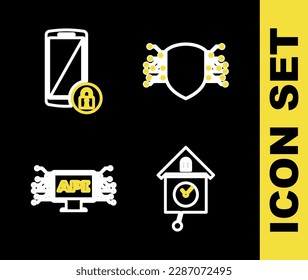 Setzen Sie die Linie Cyber-Sicherheit, Retro-Wandüberwachung, Computer-API-Schnittstelle und Smartphone mit Schloss-Symbol. Vektorgrafik