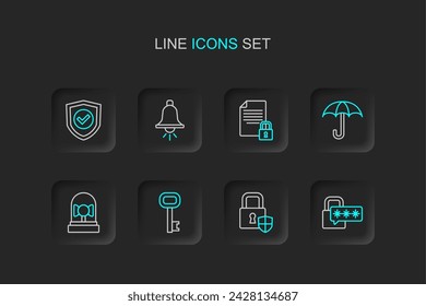 Set line Cyber security, Shield with lock, Old key, Ringing alarm bell, Umbrella, Document and,  and check mark icon. Vector