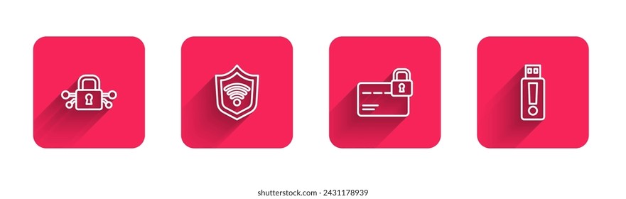 Fije la seguridad cibernética, escudo con WiFi inalámbrico, bloqueo de tarjeta de crédito y unidad flash USB con sombra larga. Botón cuadrado rojo. Vector