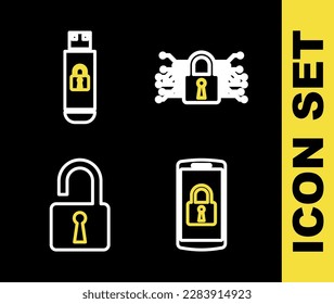 Set line Cyber security, Smartphone with lock, Open padlock and USB flash drive icon. Vector