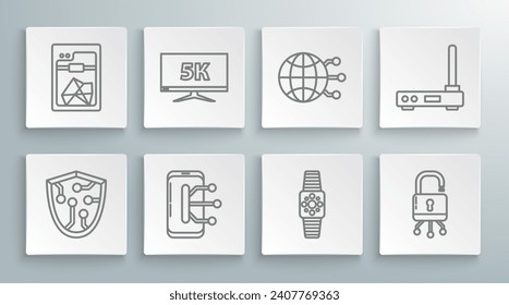 Set line Cyber security, Smartphone, mobile phone, Smartwatch, Lock digital circuit board, Global technology social network, Router and wi-fi signal and 3D printer icon. Vector