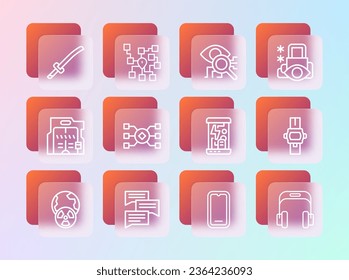 Set line Cyber security, Speech bubble chat, Cryogenic capsules, Mobile phone, Neural network, Eye scan, Katana and  icon. Vector