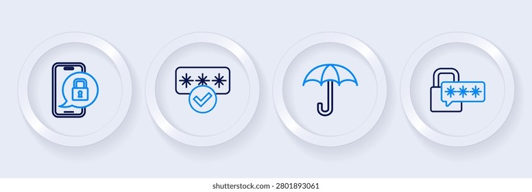 Set line Cyber security, Umbrella, Password protection and Mobile with closed padlock icon. Vector