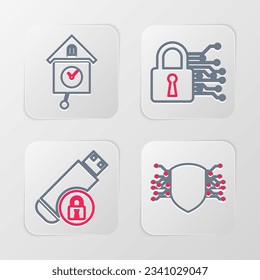 Ajuste la ciberseguridad de línea, la unidad flash USB con bloqueo e icono de reloj de pared retro. Vector