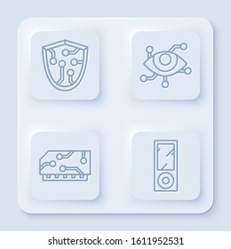 Set line Cyber security, Virtual reality, RAM, random access memory and Music player. White square button. Vector