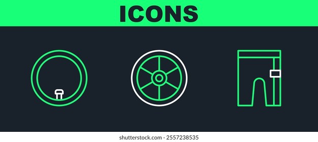 Set line Cycling shorts, Bicycle wheel and  icon. Vector