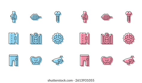 Set line Cycling shorts, Bicycle punctured tire, Smart watch, pedals, Hiking backpack, sprocket crank, lane and  icon. Vector