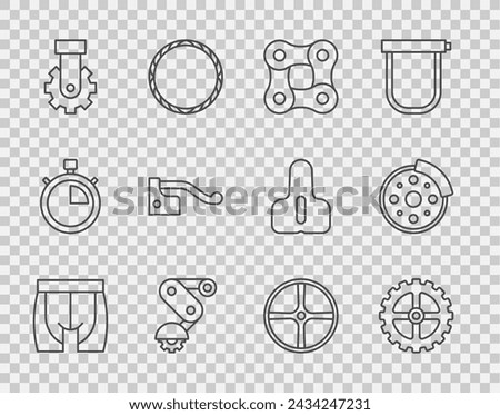 Set line Cycling shorts, Bicycle sprocket crank, chain, Derailleur bicycle rear, brake, wheel and disc icon. Vector