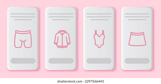 Set line Cycling shorts, Hoodie, Swimsuit and Skirt. White rectangle button. Vector