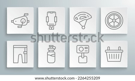 Set line Cycling shorts, Mobile holder, Sport bottle with water, Action extreme camera, Bicycle basket, helmet, wheel and pedals icon. Vector