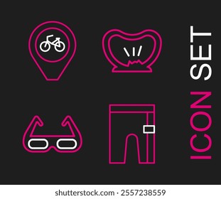 Set line Cycling shorts, Sport cycling sunglasses, Bicycle punctured tire and Location with bicycle icon. Vector