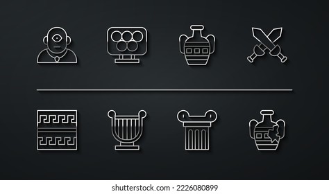 Set line Cyclops, Ancient Greek pattern, Crossed medieval sword, column, lyre, Olympic rings, Broken amphorae and  icon. Vector