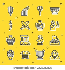 Set line Cyclops, Greek trireme, Zeus, Neptune Trident, Crossed medieval sword, Dagger,  and Broken amphorae icon. Vector