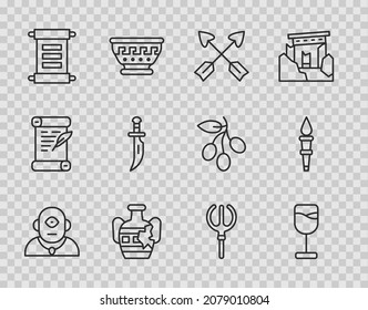 Set-Line Cyclops, Weinglas, Crossed Pfeile, Broken Amphorae, Dekret, Pergament, Scroll, Dagger, Neptun Trident und Torch Flammensymbol. Vektorgrafik