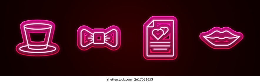 Set line Cylinder hat, Bow tie, Greeting card and Smiling lips. Glowing neon icon. Vector