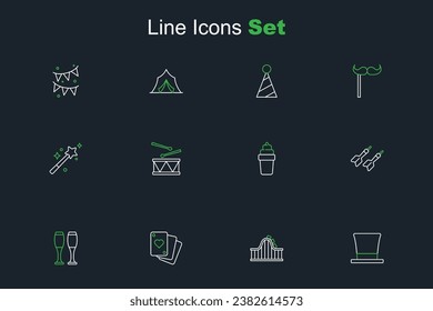 Set line Cylinder hat, Roller coaster, Playing cards, Bowling pin, Dart arrow, Ice cream waffle, Drum with drum sticks and Magic wand icon. Vector