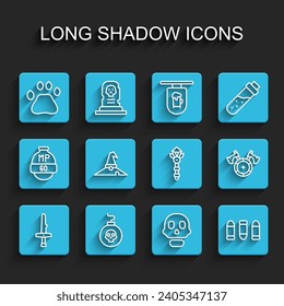 Set line Dagger, Bomb ready to explode, Bear paw footprint, Skull, Bullet, Witch hat, Medieval shield with axe and Magic wand icon. Vector