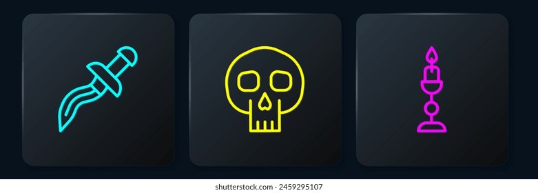 Fija la línea Daga, Vela ardiente y Calavera. Botón cuadrado negro. Vector