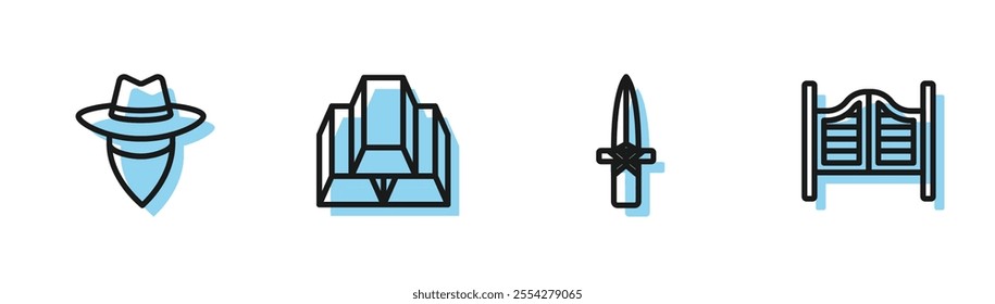 Set line Dagger, Cowboy, Gold bars and Saloon door icon. Vector