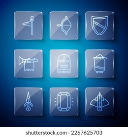 Set line Dagger, Diamond, Battle crossbow with arrow, Shield, Medieval castle gate, Trumpet flag,  and  icon. Vector