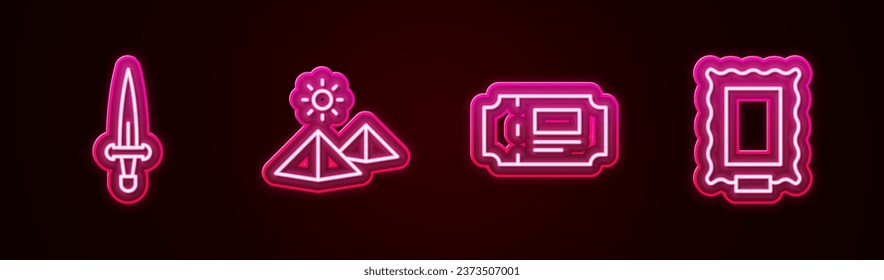 Set line Dagger, Ägypten Pyramiden, Museumskarte und Bild. Leuchtendes Neonsymbol. Vektorgrafik
