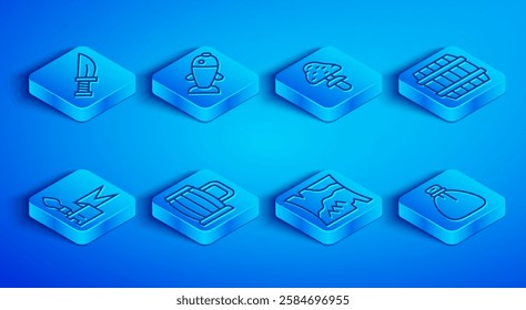 Set line Dagger, Fish, Mushroom, Wooden beer mug, Folded map, barrel, Medieval spear and Old money bag icon. Vector
