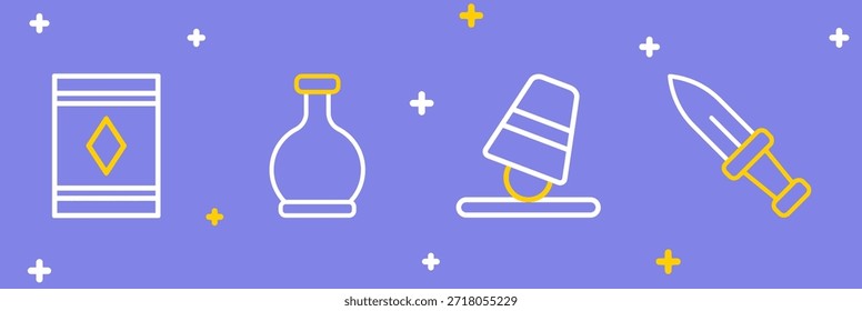 Set line Daga, dedales de juego, botella con poción e icono de alfombra mágica. Vector