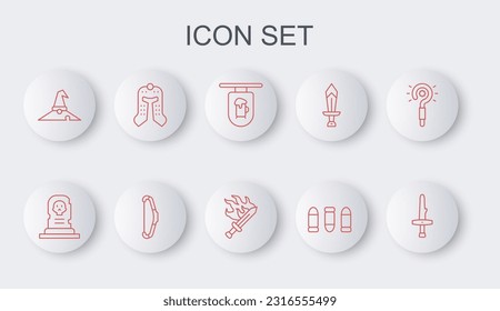 Set line Dagger, Grave with tombstone, Street signboard Bar, Bullet, Witch hat, Medieval helmet, bow and Sword for game icon. Vector