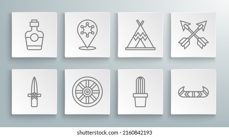 Set line Dagger, Hexagram sheriff, Old wooden wheel, Cactus peyote in pot, Kayak or canoe and paddle, Indian teepee wigwam, Crossed arrows and Tequila bottle icon. Vector