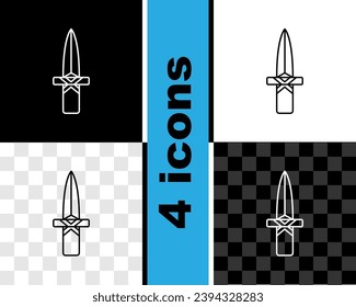 Set line Dagger icon isolated on black and white, transparent background. Knife icon. Sword with sharp blade.  Vector