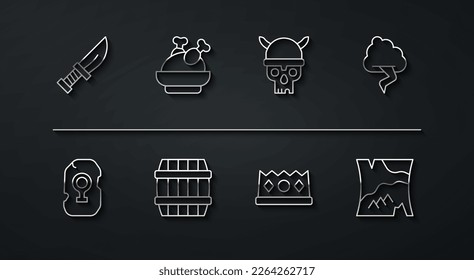 Fijar la línea Dagger, Magic rune, Cloud and lightning, King Crown, Wooden barrel, Roast turkey o pollo, Folded map y Skull con icono del casco viking. Vector
