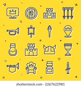 Set line Dagger, Medieval goblet, Location king crown, Castle, fortress, flag, Trumpet,  and Torch flame icon. Vector