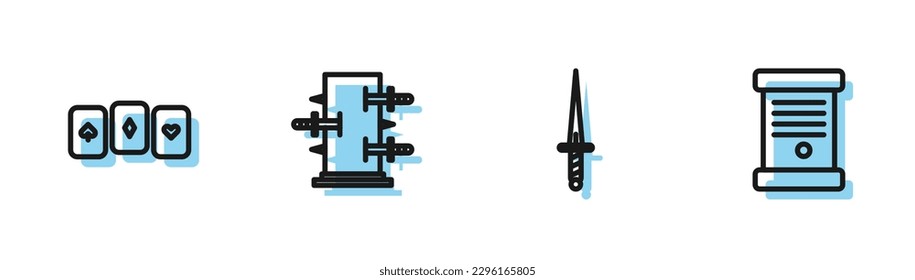 Set line Dagger, Playing cards, Trunk for magic tricks and Decree, paper, parchment, scroll icon. Vector
