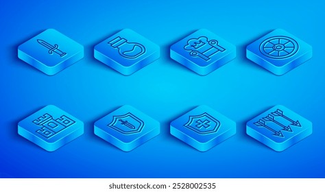 Línea de juego Daga, veneno en botella, trono medieval, escudo con espada, escudo, madera redonda, castillo, fortaleza e icono de flechas cruzadas. Vector